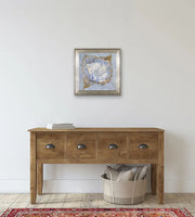 Tipping Points - Heart Art Original - on light green grey wall in space with wooden cabinet, wooden floor and floor carpet