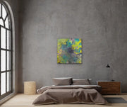 Vibrant World Of Rainforests - Heart Art Original - on grey wall; bedroom area with side window