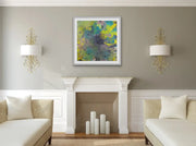 Vibrant World Of Rainforests (framed )- Heart Art Original - on dark grey wall; sitting area; two white and olive sofas; one open fireplace wall lamps;  