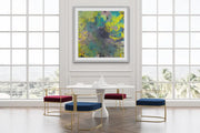 Vibrant World Of Rainforests (framed )- Heart Art Original - on white wall; white coffee table; two red and two blue armchairs,