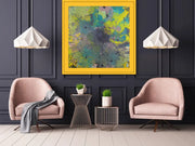 Vibrant World Of Rainforests (framed )- Heart Art Original - on dark grey wall; sitting area with two pink armchairs, ceiling lamps; side tables 