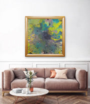 Vibrant World Of Rainforests (framed )- Heart Art Original - on  light colored wall; pinkish couch; round white table; parquet floor