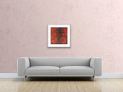 In The Beginning There Was Hot Magma Mixed Media Painting Original Heart Art Painting - on light red pink wall - with grey couch 