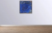 Neoliberal Earth exploitation - Heart Art Original - on blue wall in large space with parquet wooden floor