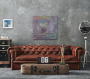 Open Your Eyes - Heart Art Original - on grey wall - in living area with leather settee and wooden chest