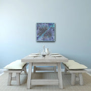 Milky Way Galaxy In room with dining table, floor carpet and hanging on light blue wall