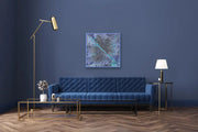 Framed Milky Way Galaxy In room with parquet floor, navy blue couch and hanging on white wall