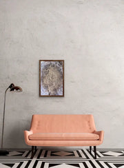 Queen Earth - Heart Art Original - on grey wall with peach orange couch and floor lamp