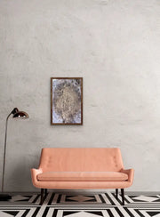 Queen Earth - IMG_0692 Heart Art Original - on grey wall with peach orange couch and floor lamp