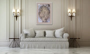 Queen Earth - Heart Art Original - on light olive wall with olive grey couch and two wall lamps