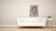 Queen Earth - Heart Art Original - on light grey brick wall with white couch and small wooden side table