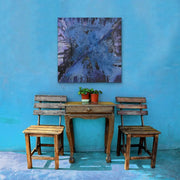 Show Love To Planet Earth - HEART Art Original - on sky blue wall with small wooden table and two wooden chairs