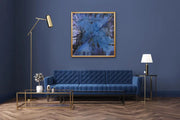 Show Love To Planet Earth - HEART Art Original - on dark blue wall - with blue settee and reading lamps