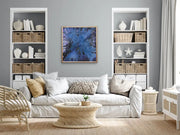 Show Love To Planet Earth - HEART Art Original - on ligh blue grey wall with large white settee couch, two storage cabinets, a reading chair and a round table