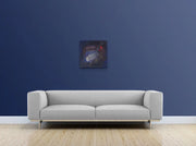 The Earth’s Origins - a Big Bang  - on blue  wall with grey couch and light wooden floor