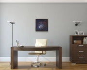 The Earth’s Origins - a Big Bang  - on light olive grey wall in work space with desk and floor lamp and filing cabinet