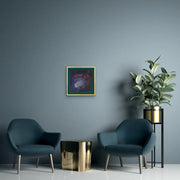 The Earth’s Origins - a Big Bang  - on blue grey wall with two blue green grey comfy chairs and brass flower pot
