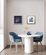 Open Your Eyes - Heart Art Original - on white wall - in dining area with white table and blue chairs