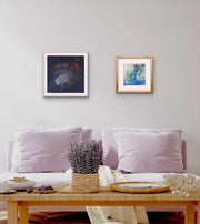 Open Your Eyes - Heart Art Original - on light grey wall - in living room area with tv table and couch with pink violet cushions