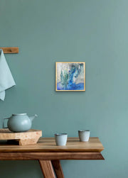 Open Your Eyes - Heart Art Original - on blue green wall - in dining area with wooden bar table