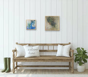 Open Your Eyes - Heart Art Original - on light off white wall - in living area with wooden bench and white cushions