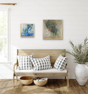 Open Your Eyes - Heart Art Original - on light off white wall - in living area with wooden bench