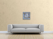 Tipping Points - Heart Art Original - on light beige yellowish wall with parquet floor and grey couch
