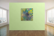 Vibrant World Of Rainforests - Heart Art Original - on light green wall in living area with parquet floor and windows