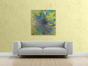 Vibrant World Of Rainforests - Heart Art Original - on yellow green wall; parquet floor and light grey couch