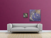 A Weird Itch To Control - Heart Art Origins - on cherry violet wall with light grey couch 